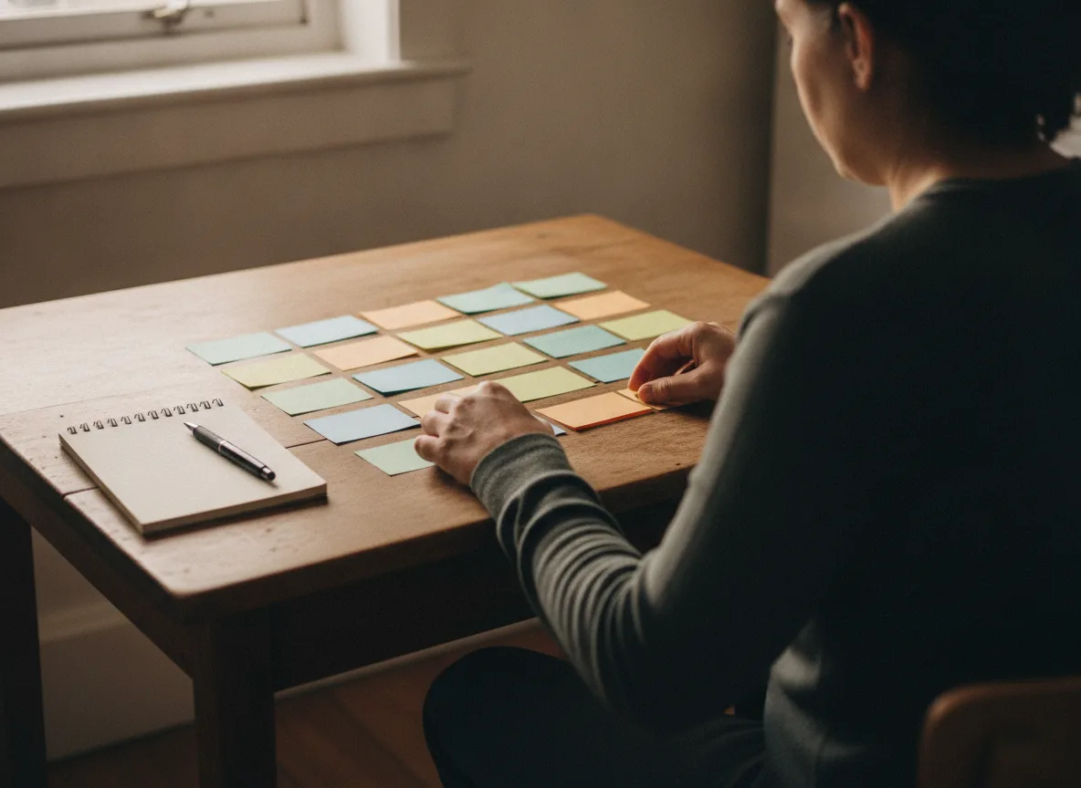Blogger arranging index cards on a table to plan consistent publishing schedule