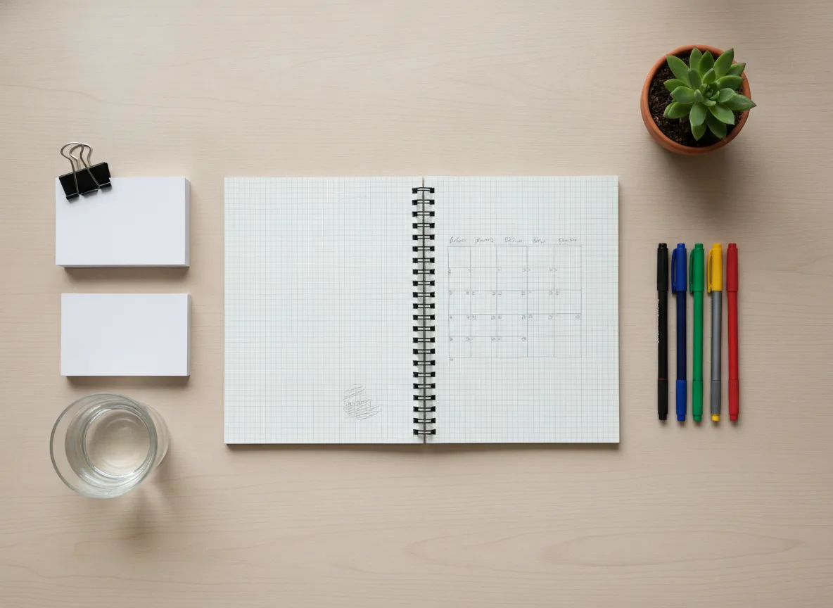Notebook with hand-drawn blog content calendar grid, pens and cards on a desk