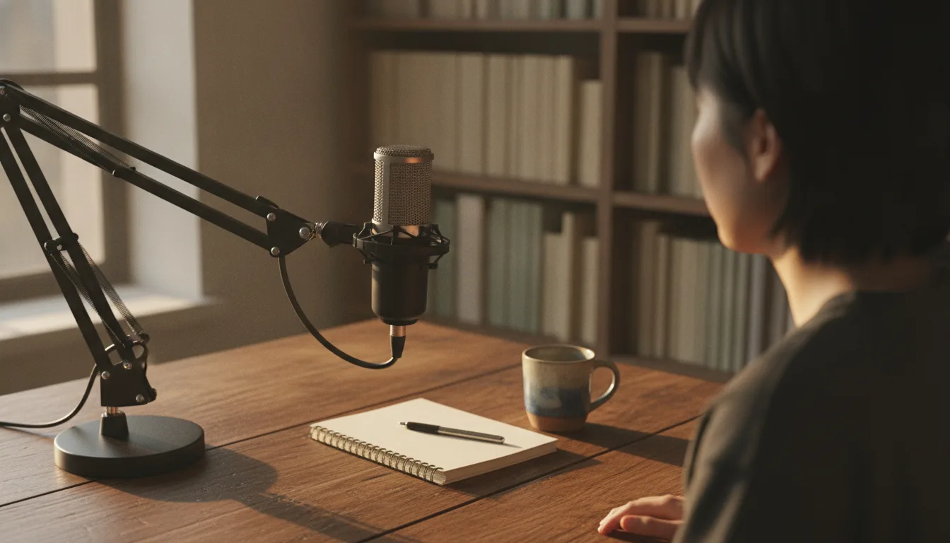Person am Schreibtisch nimmt einen Podcast-Episode-Blog mit USB-Mikrofon auf