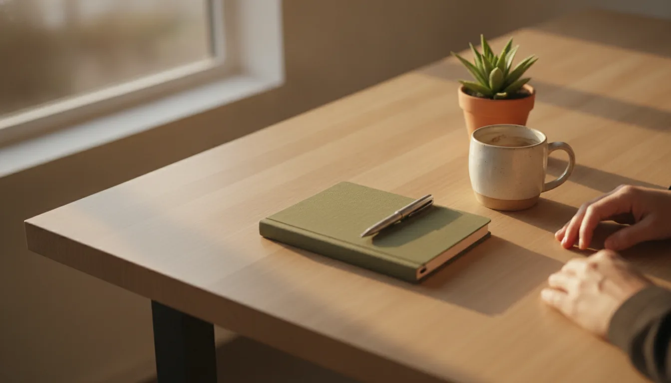 Person at wooden desk ready to start a blog with notebook and coffee