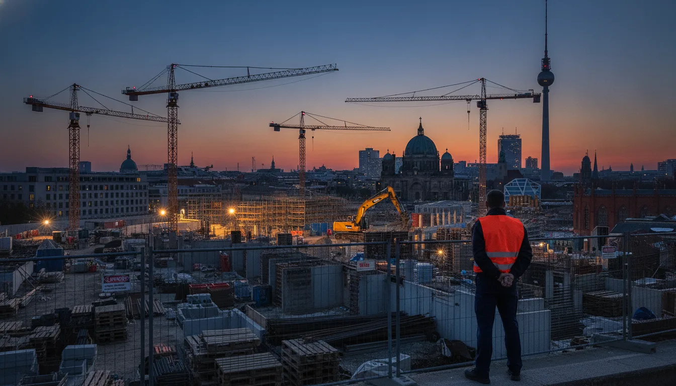 Construction site security Berlin: security guard protecting an urban construction site at dusk