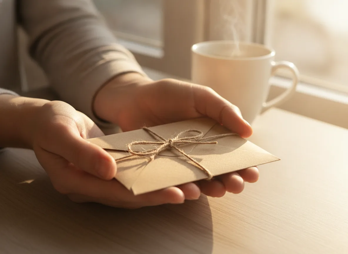 Hände halten einen personalisierten Geschenkumschlag auf einem Holztisch