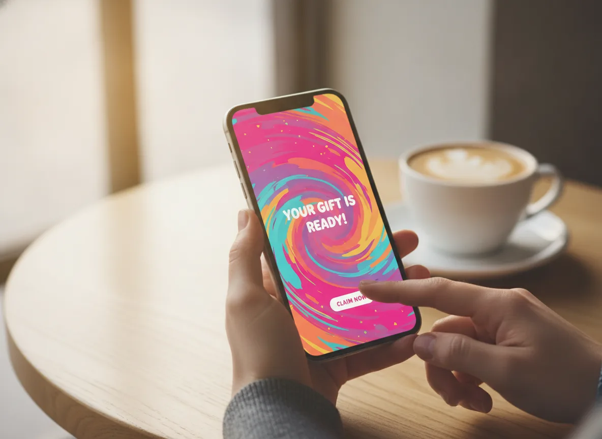Hände halten ein Smartphone mit Bestätigungsbildschirm für die Lieferung einer digitalen Geschenkkarte
