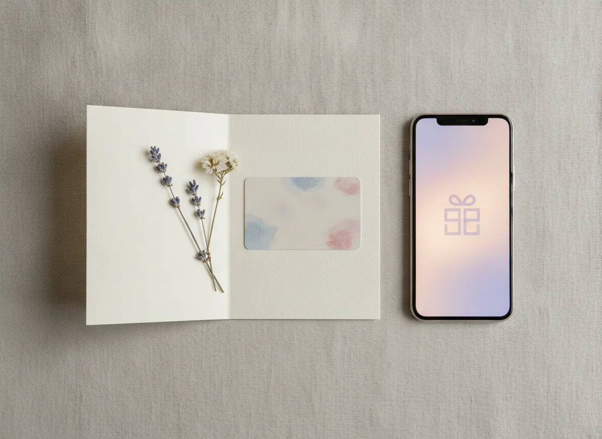 physische Geschenkkarte in einer Grußkarte neben einem Smartphone, das eine digitale Geschenkkarte zeigt