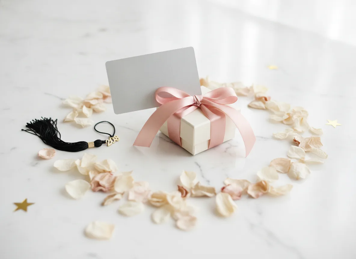 Geschenkkarte mit eingewickeltem Geschenk, Blütenblättern und Abschlussquaste auf Marmoroberfläche