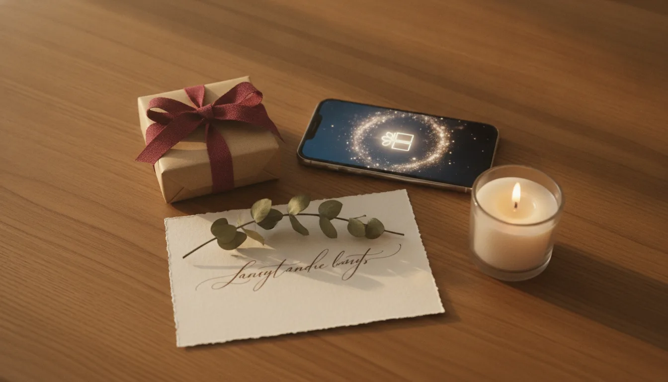 Gemütliches Flatlay mit Last-Minute-Geschenkideen auf einem Holztisch